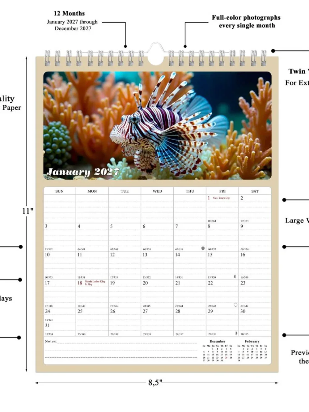 2027 Wall Calendar Spiral-bound Twin - 12 Months Planner 8.5 x 11 Tropical Fish